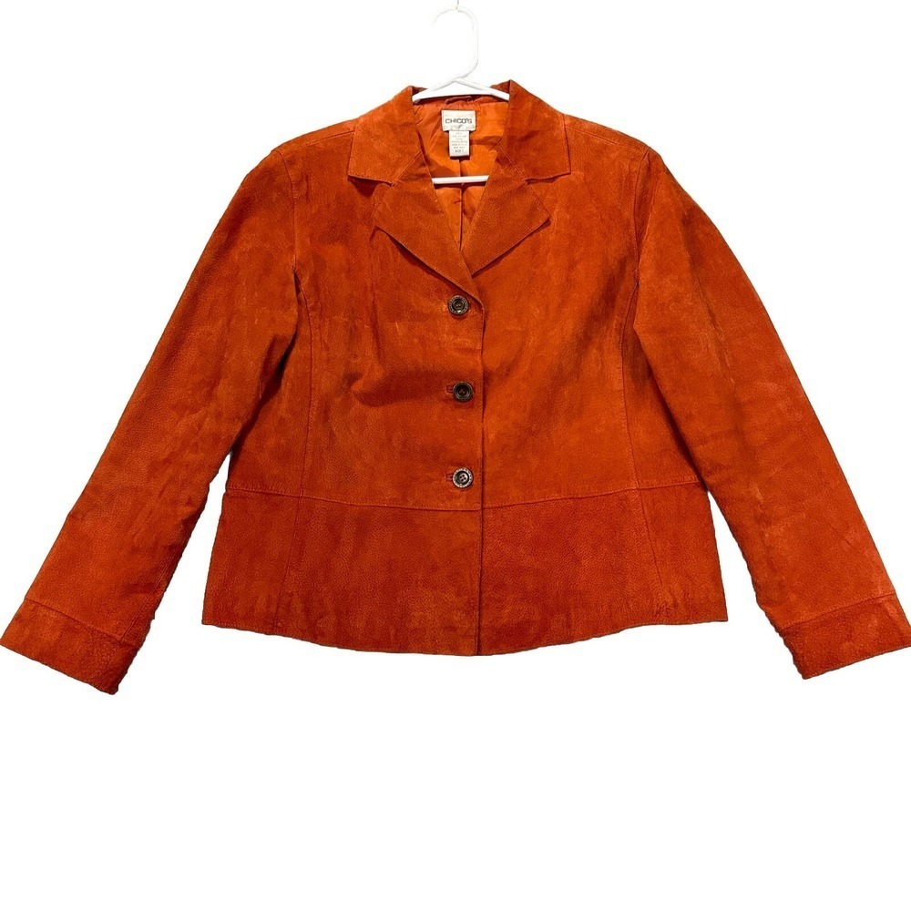 Chicos Leather Jacket Womens Size 1 (8/Medium) Orange Three Button‎ Up Blazer